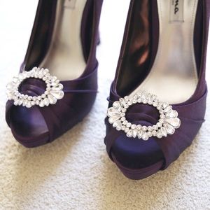 Nina Elvira Eggplant Satin Peep Toe Pumps